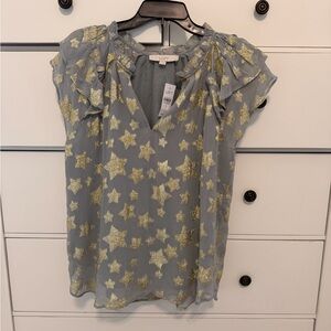 LOFT Gray Blouse with Gold Star Print and Ruffle Sleeves